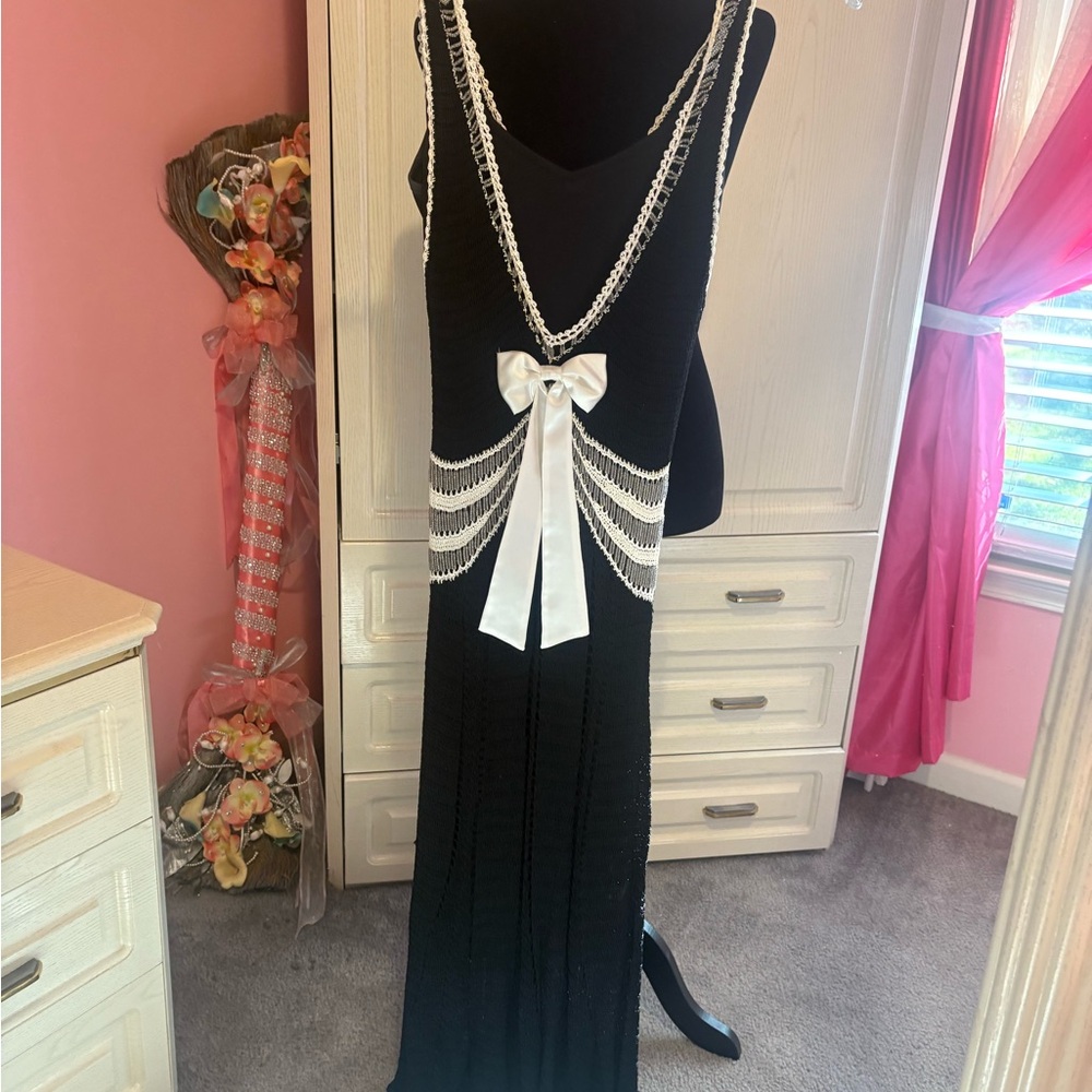 Ronny Kobo Collection Black Maxi Dress with White Bow and Pearl Details knitted